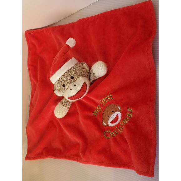 Baby Starters Security Blanket Sock Monkey My First Christmas Plush Lovey Rattle - Picture 3 of 10